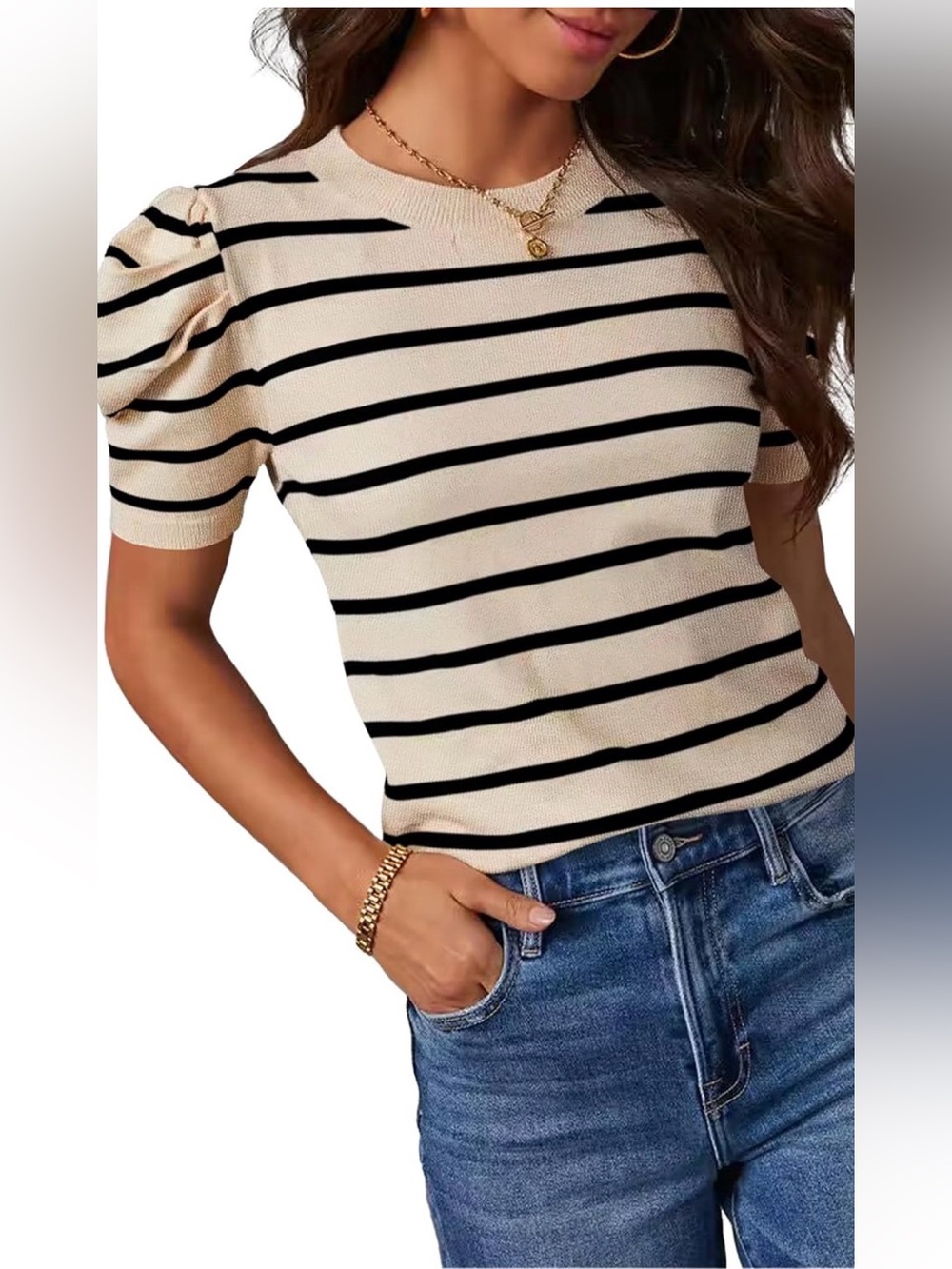 Marled Striped Puff Sleeve Knit Top - Cream & Black